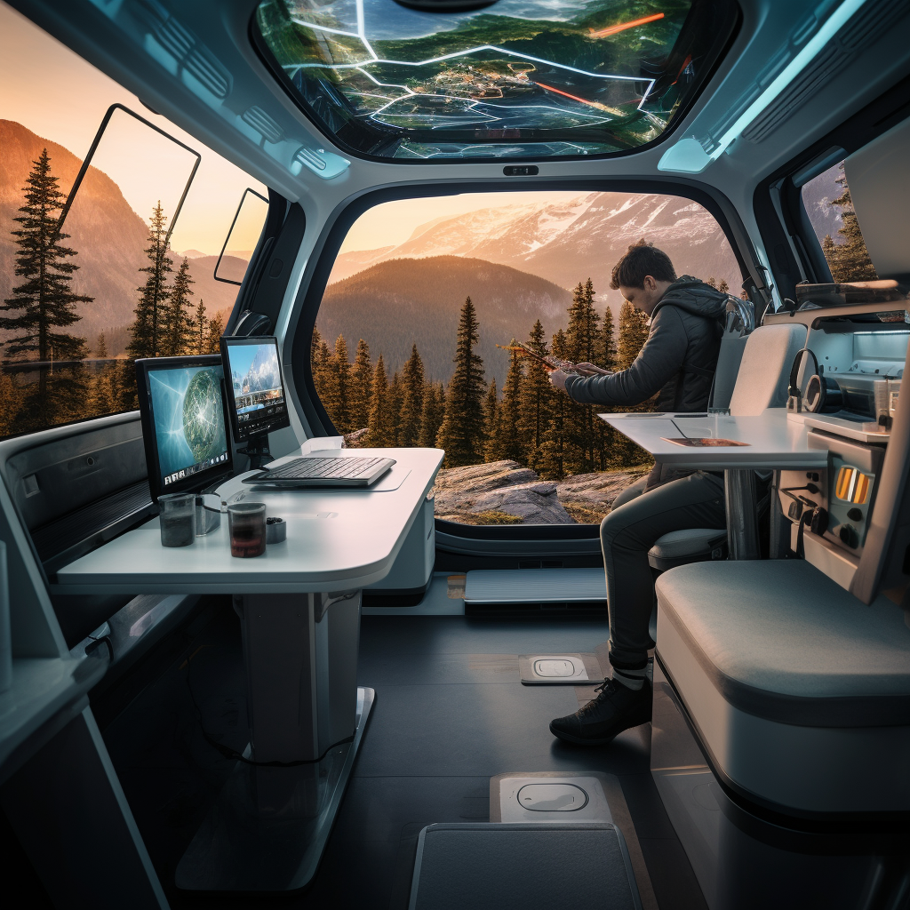 Inside view of futuristic digital smart campervan