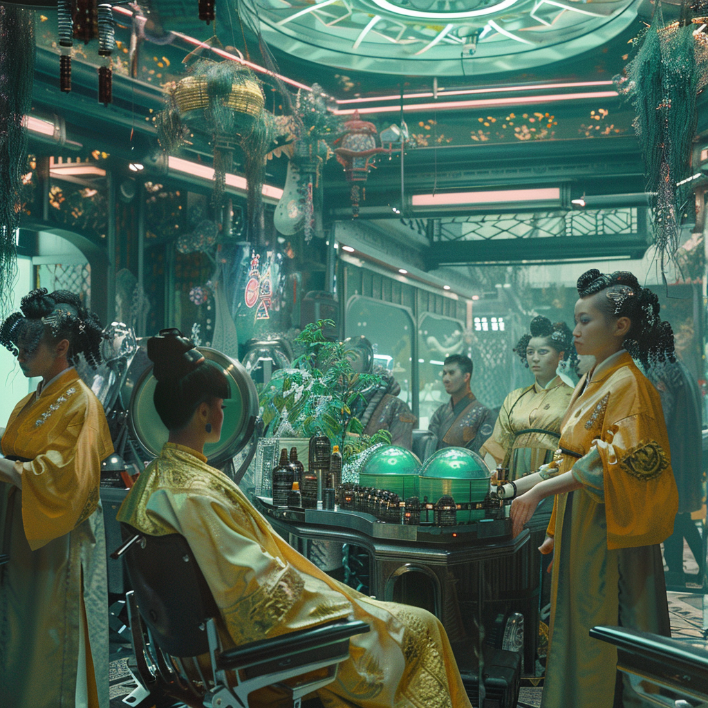 futuristic hair salon scene 2035