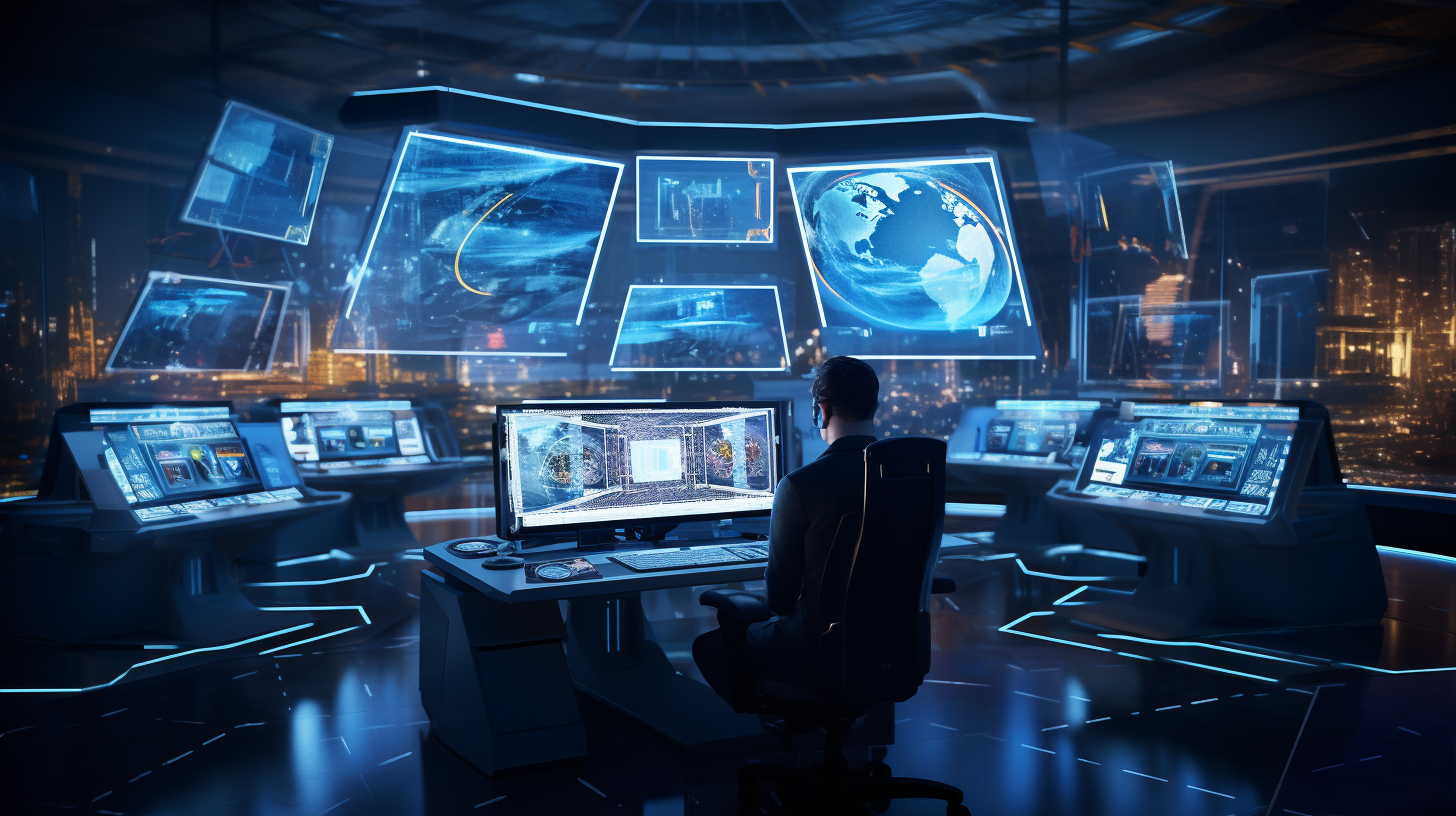 Futuristic high-tech command center with holographic displays