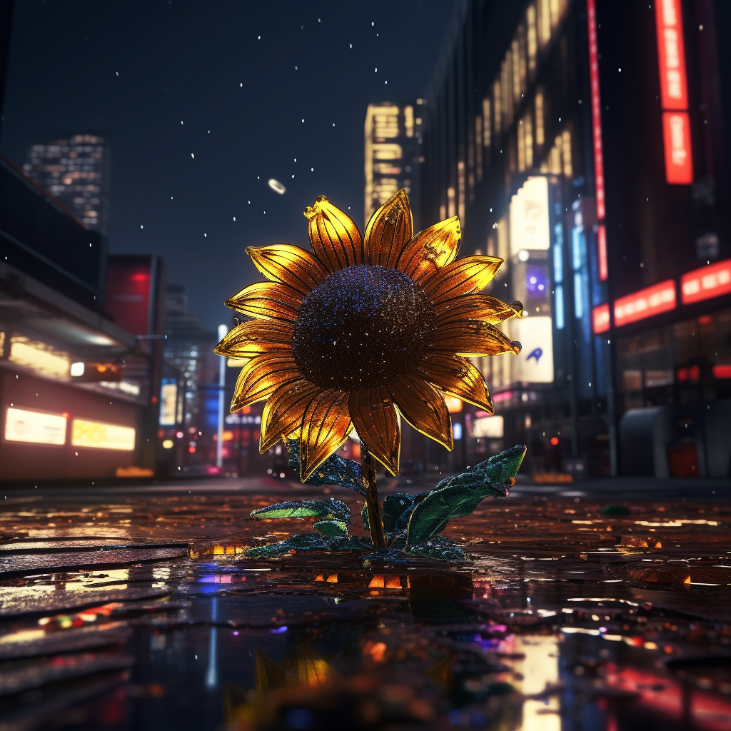 Closeup of a Realistic Sunflower on Futuristic Cyberpunk Street