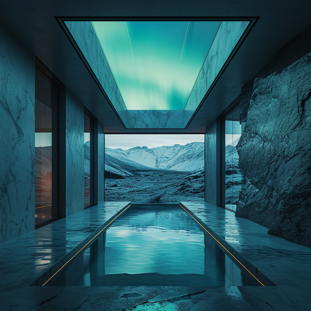 Futuristic minimal spa with teal-lit pool