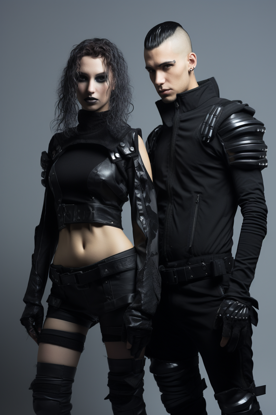 Futuristic punk male and female in black uniforms