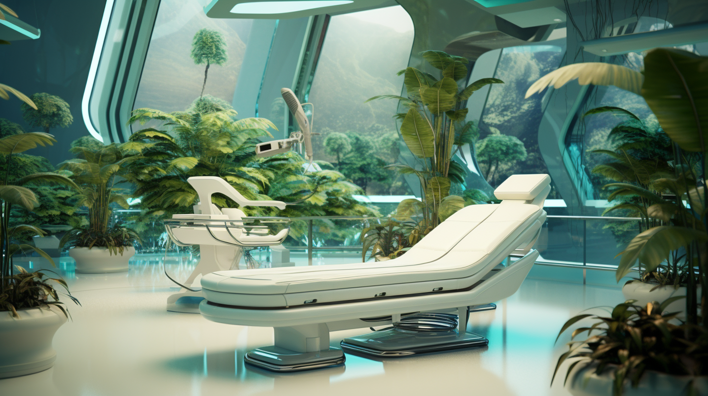 Futuristic rehabilitation room with tables and plants