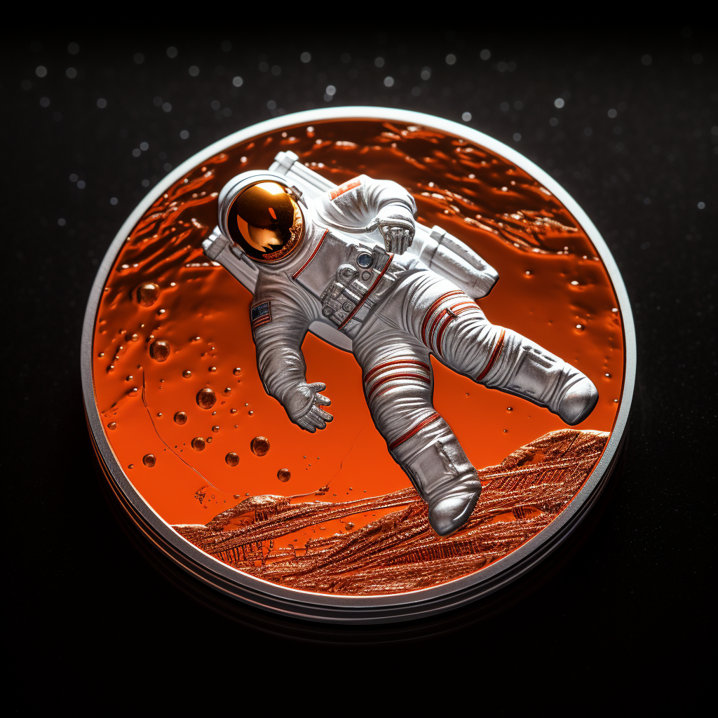 Engraved futuristic sci-fi orange astronaut floating in space