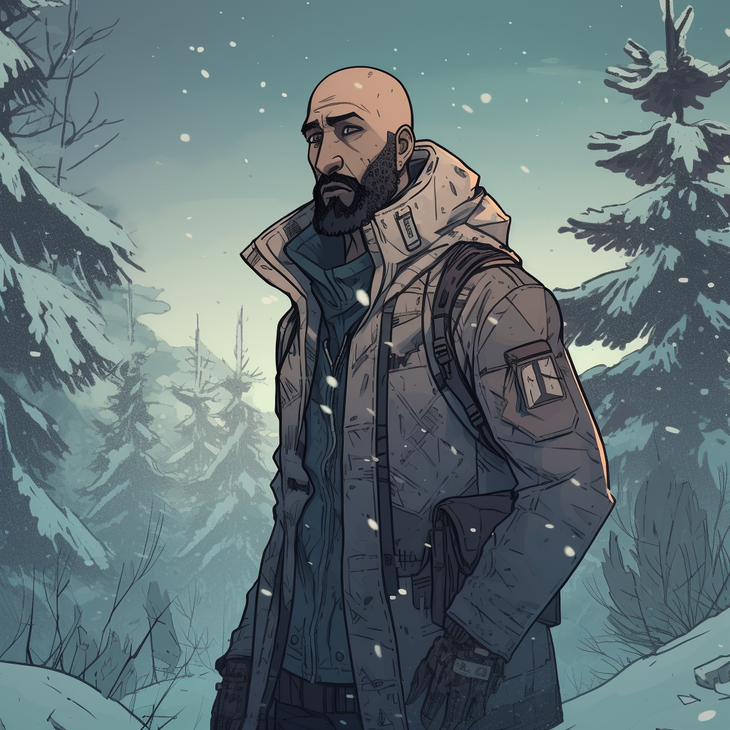 Tough futuristic hunter in snow-covered forest