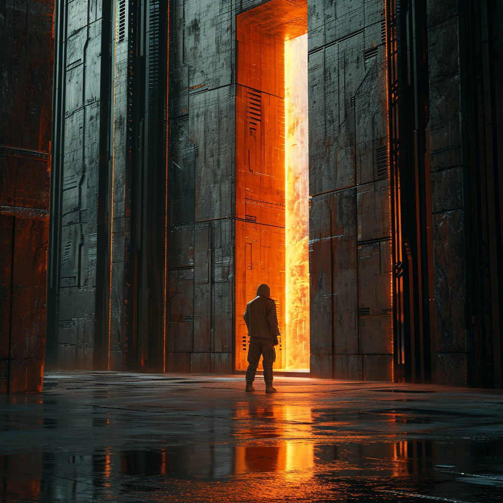 Man in Futuristic Clothing at Door with Glowing Orange Light