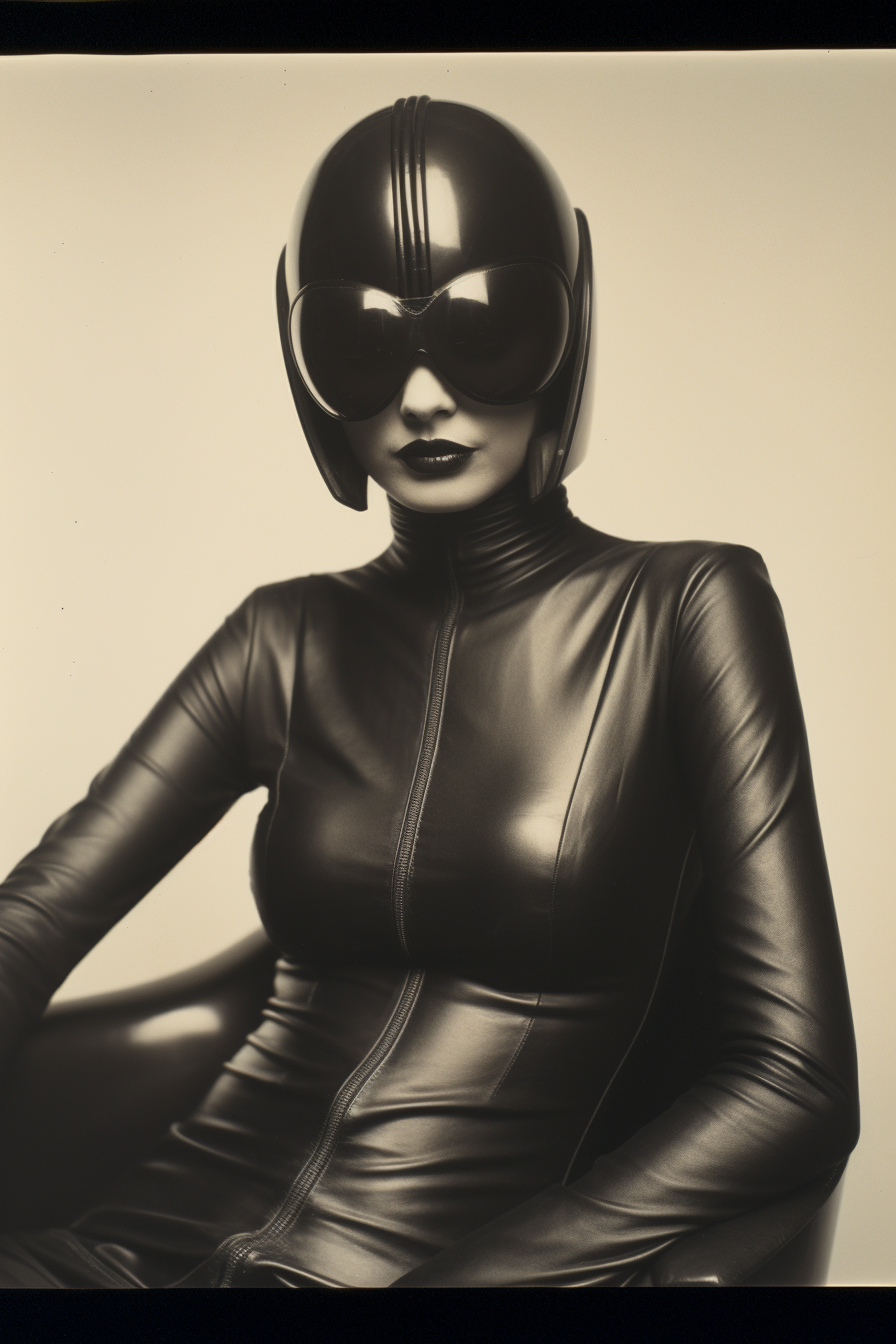 Young woman in futuristic latex suit