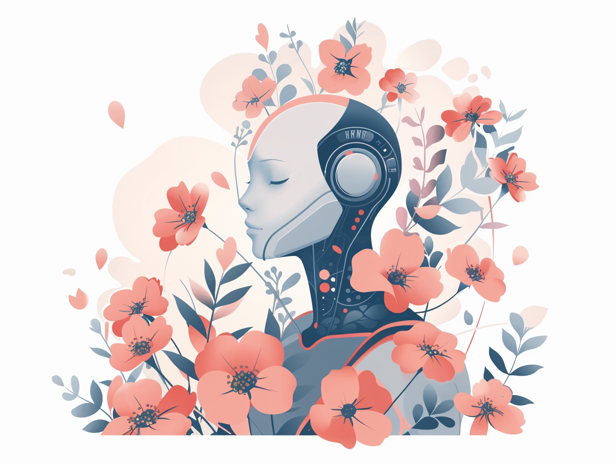 Minimalistic futuristic AI bot with flowers