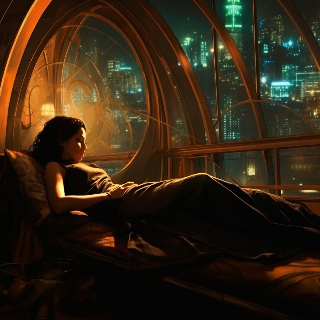 Woman lying on futuristic bed with arched back