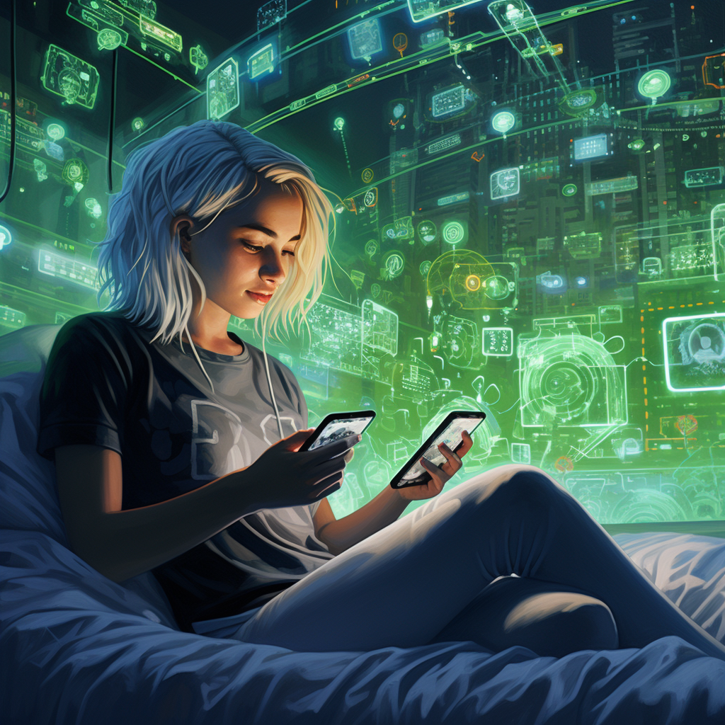 Futuristic bedroom with green-haired girl stretching