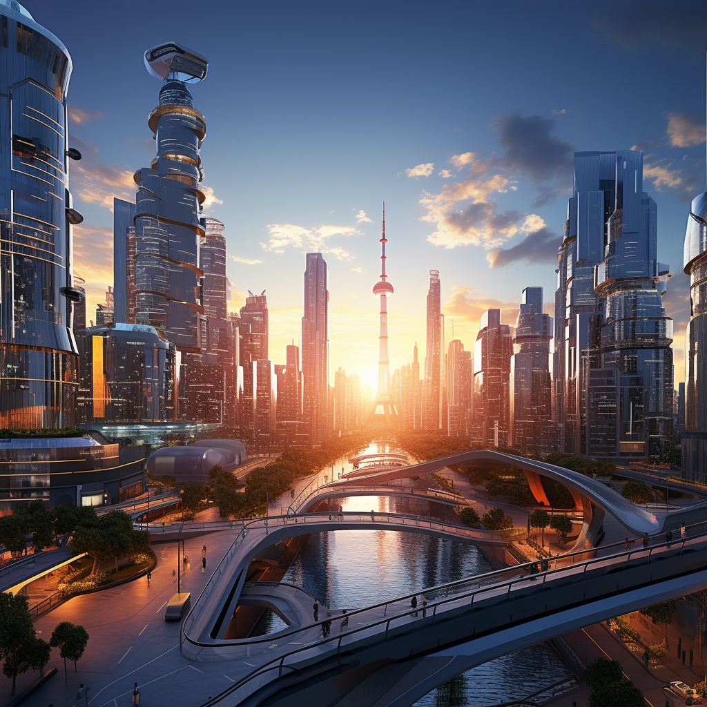 Hyper-realistic futuristic cityscape at sunset