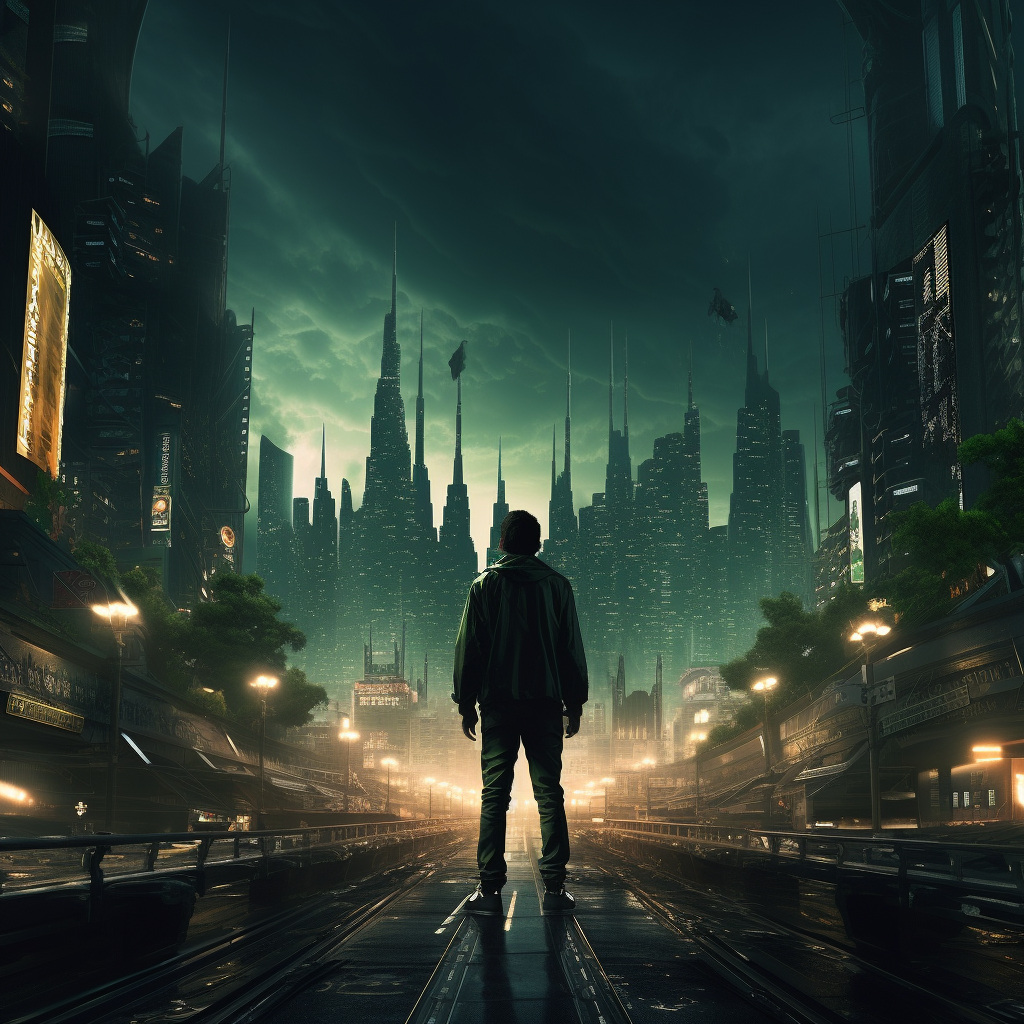 Man watching dawn in futuristic city