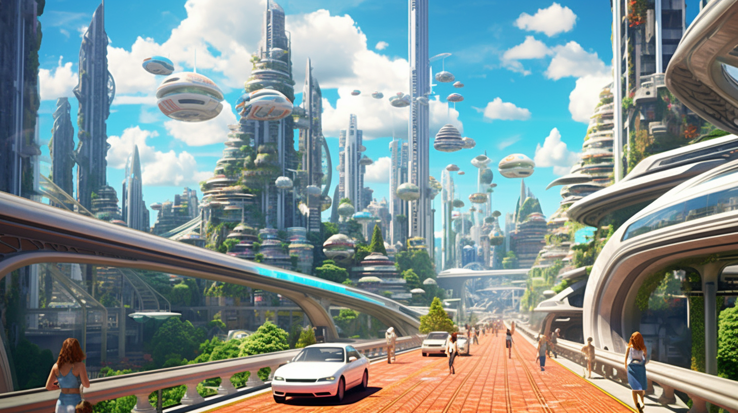 Futuristic city with flying cars