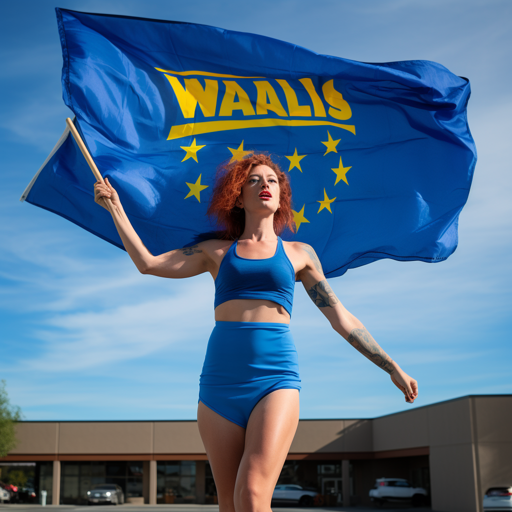 Gail Lewis proudly lifting a Walmart flag