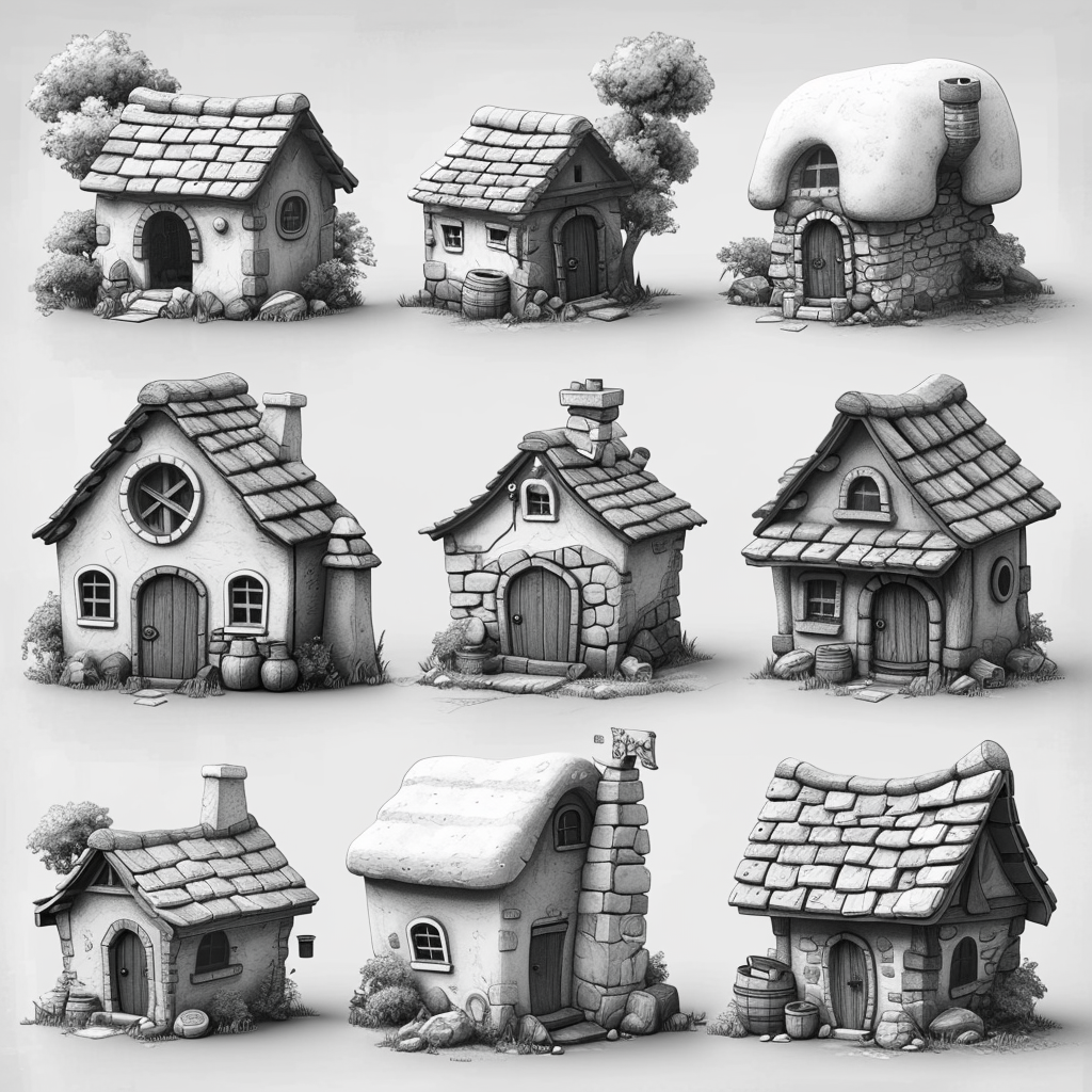 Game building line icons roof, wall, door, window assets