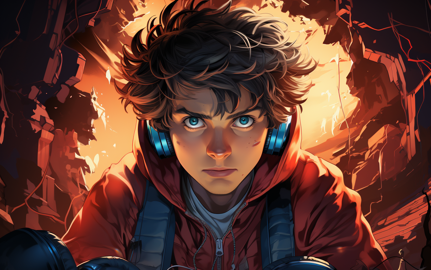 Gamer Teenager with Bad Face and Red Eyes