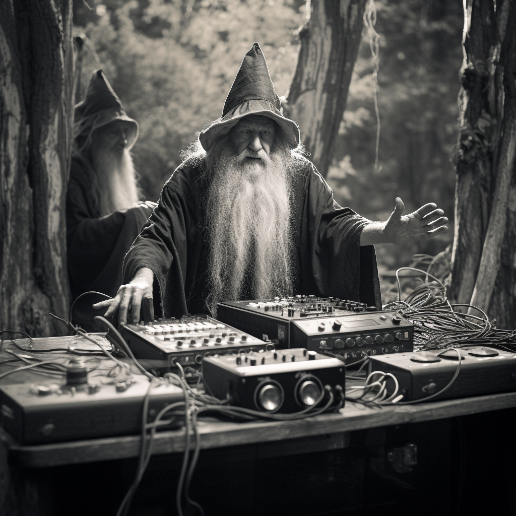 Gandalf DJing to orcs in black and white