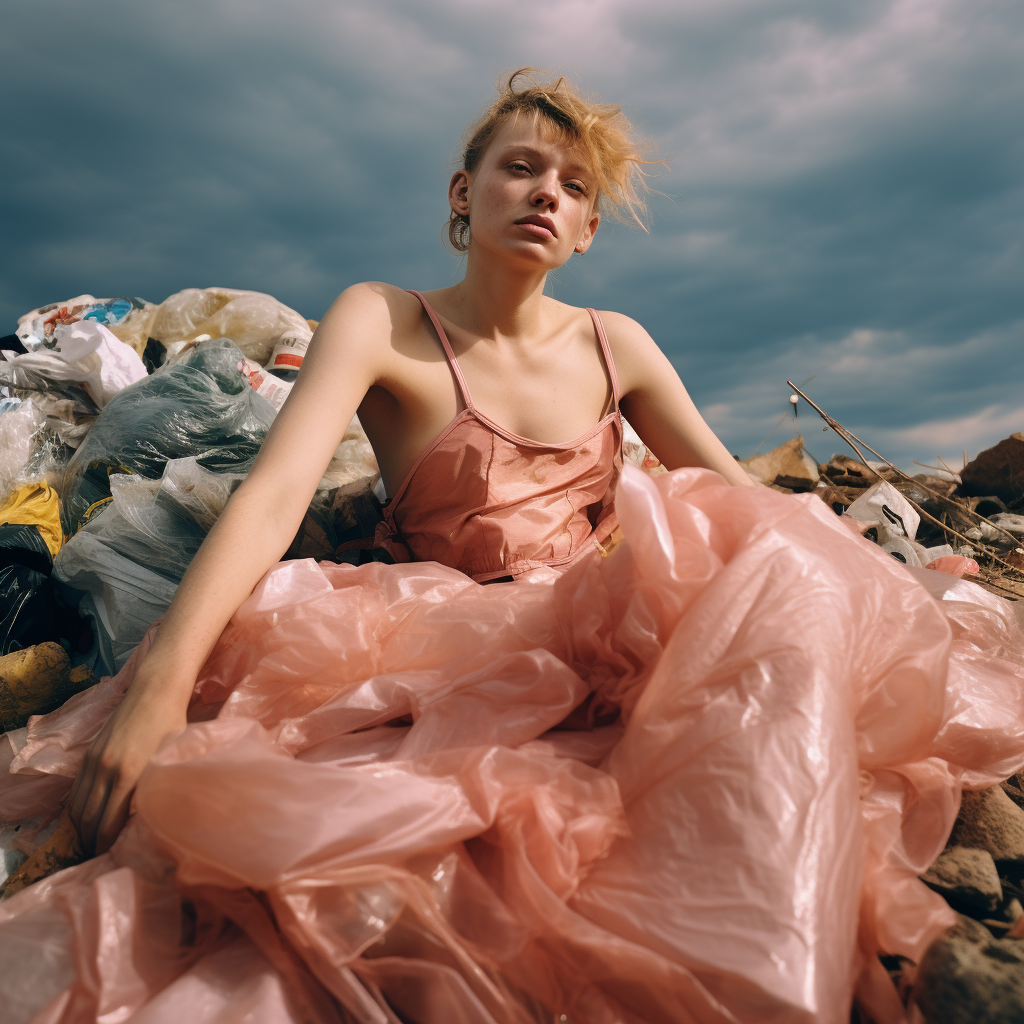 Fashionably dressed garbage worker in trash field