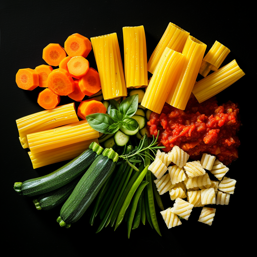 Garden Veggie Ragu Pasta on Black Background