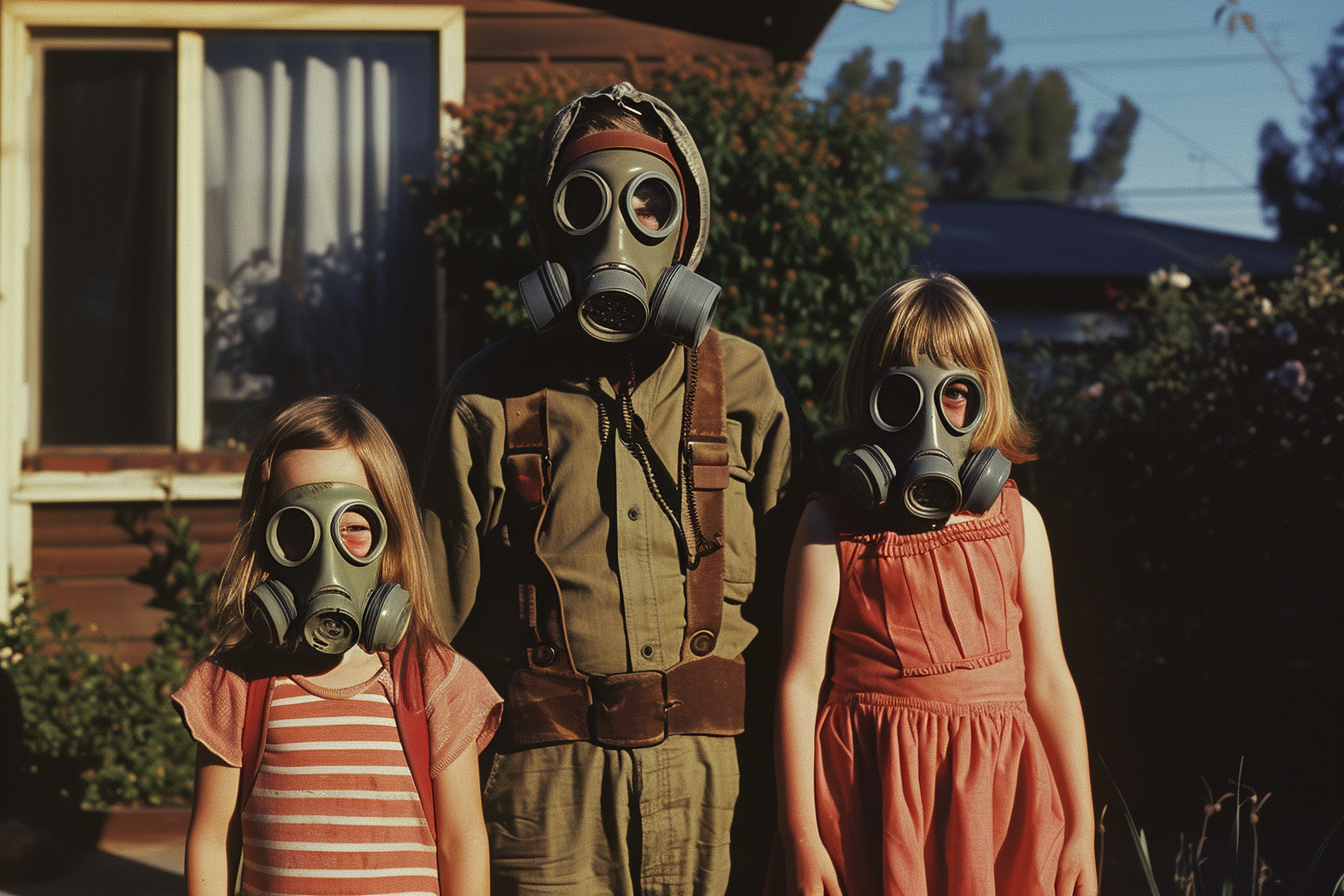 Gas Mask Man with Puzzled Children