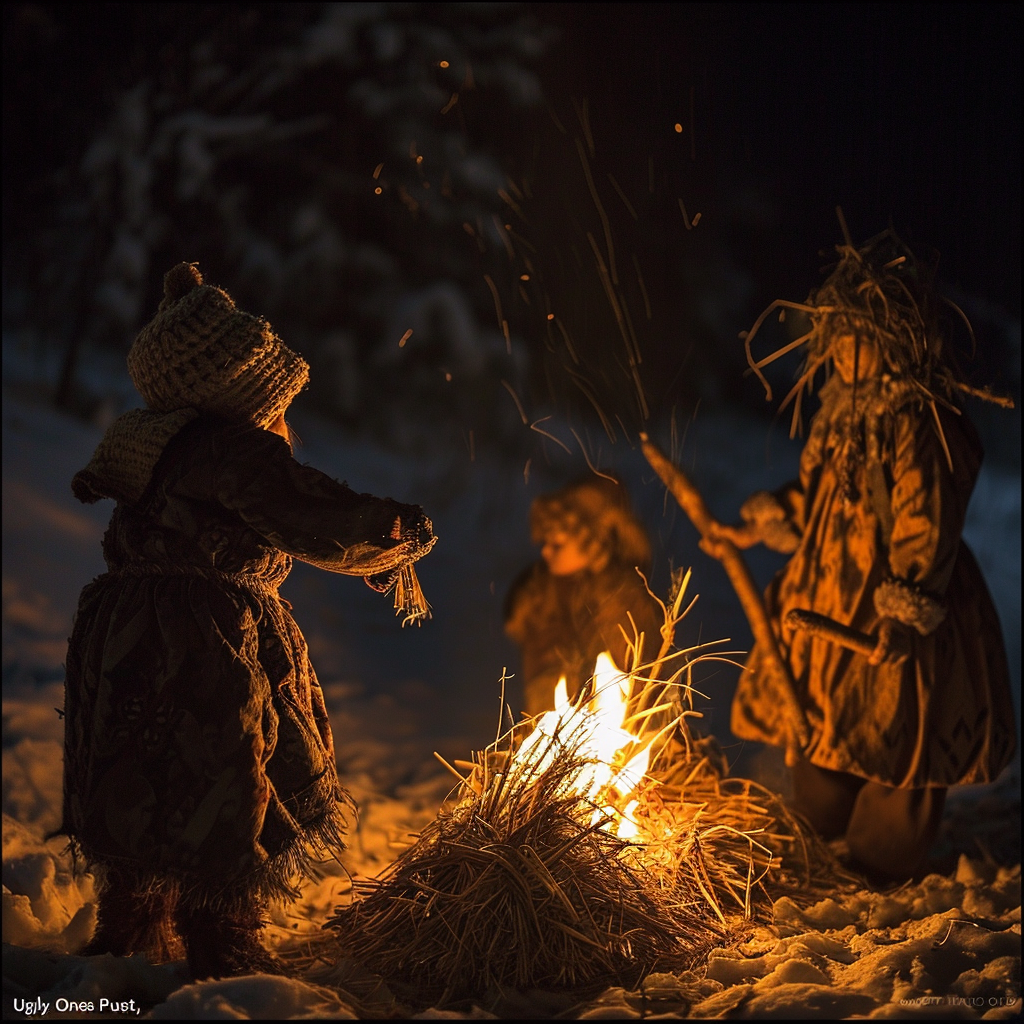 Gathering of the  Ugly Ones  burning the winter straw doll