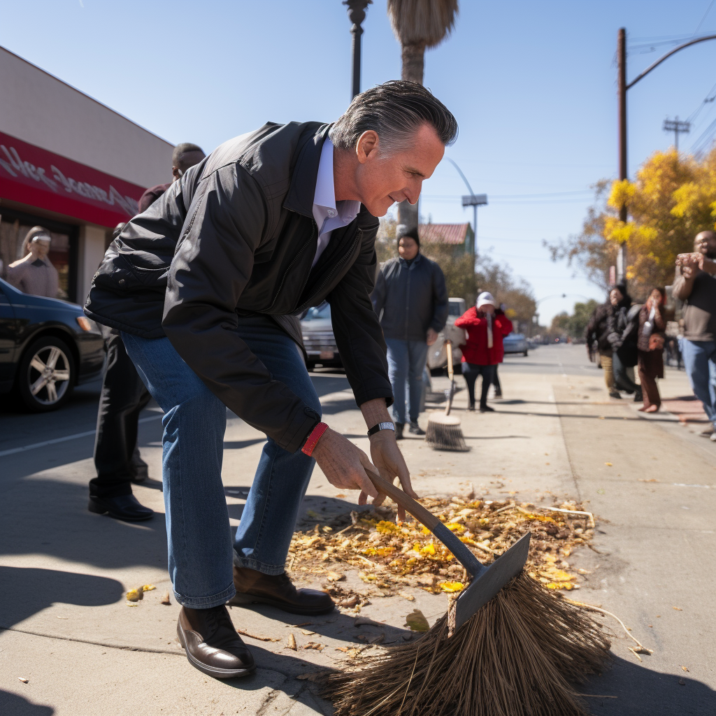 Gavin Newsom cleaning street with broom