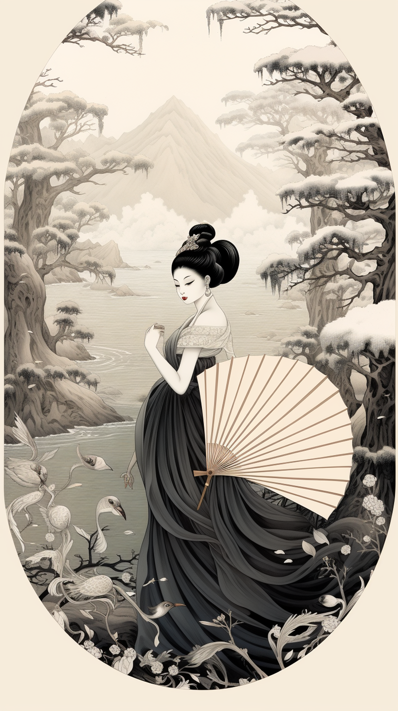 Geisha with Family of Swans by the Lake