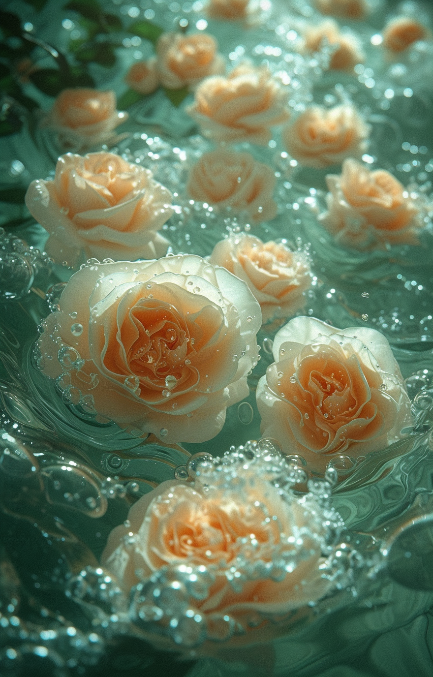 Gemstones and roses in ice bubbles