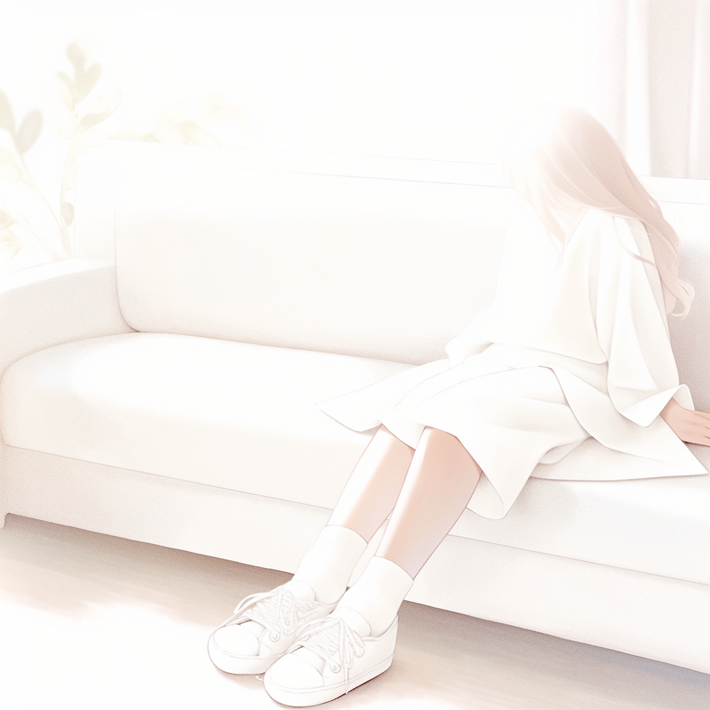 Cute girl on sofa with white sneakers