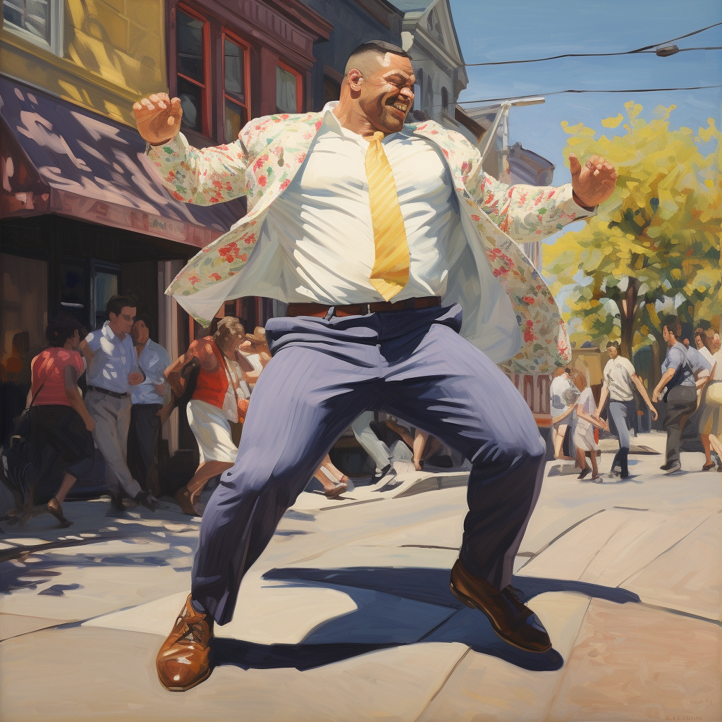 Strong man gracefully dancing on modern street