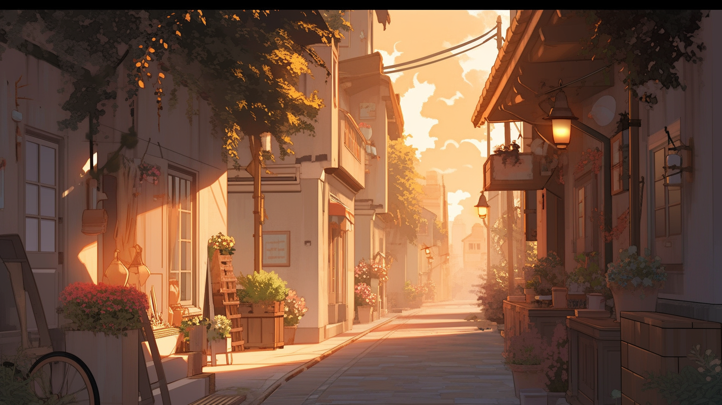 Anime-style illustration of A-Ming walking on a quaint town street at sunset