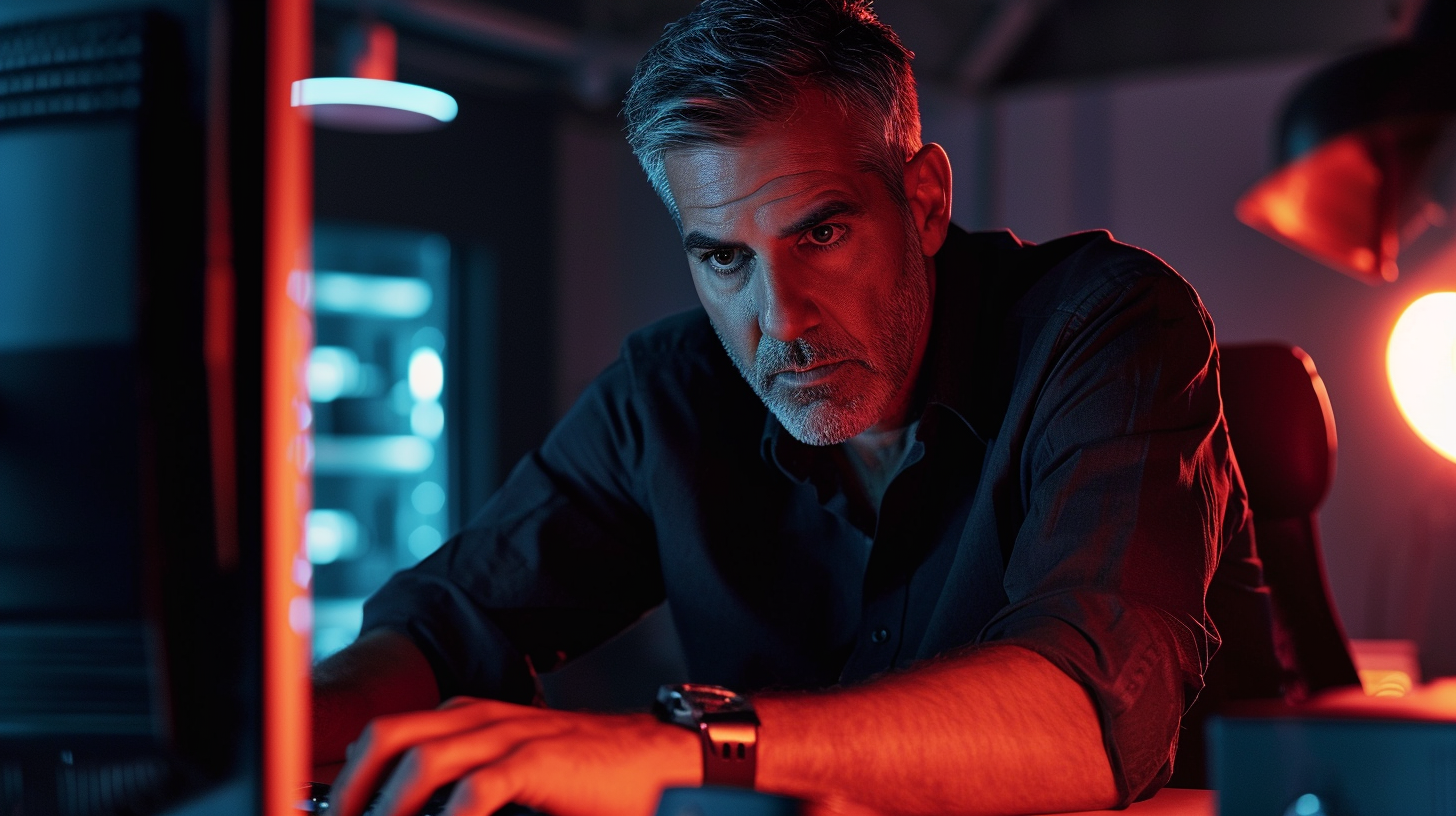 George Clooney hacking with gun on table