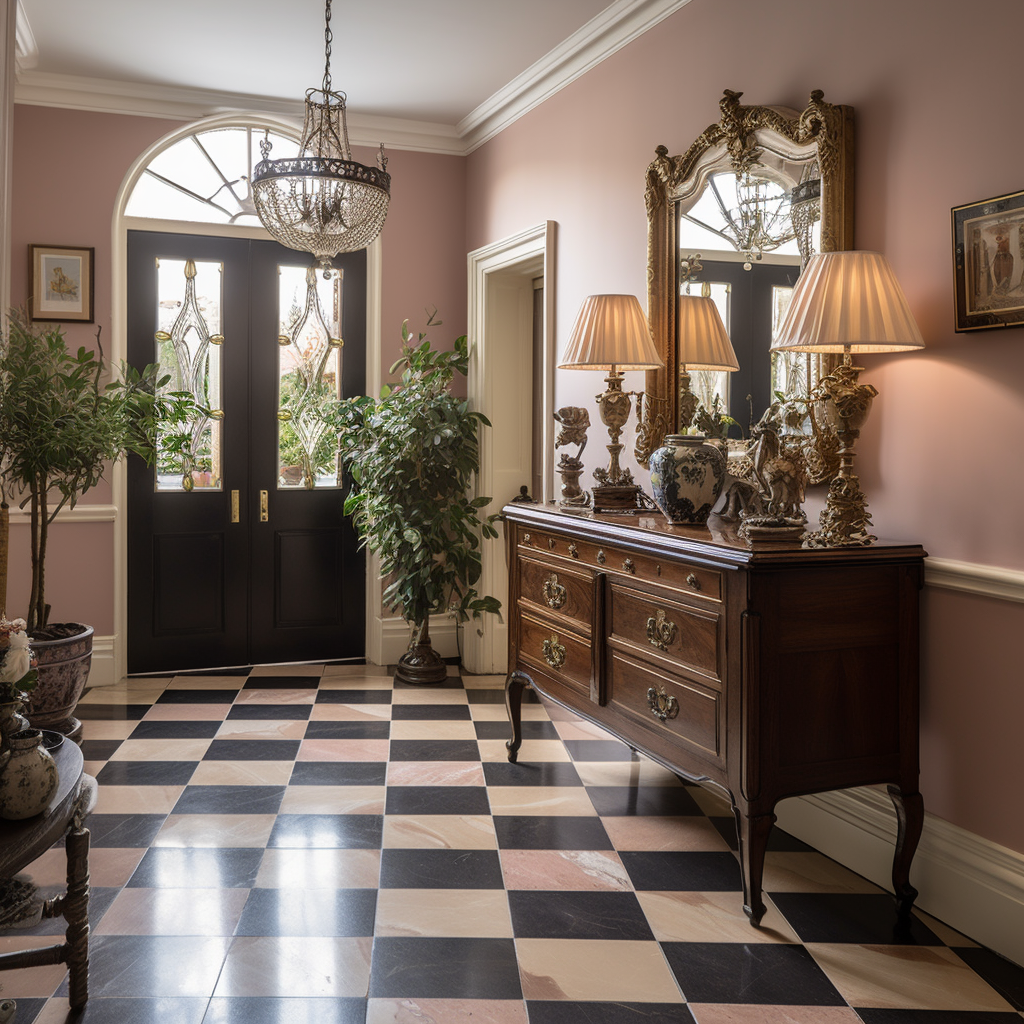 Entrance hall with checkered tiles and contemporary chandelier