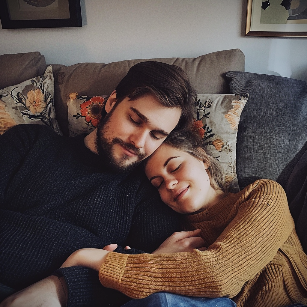 German couple cuddling on couch