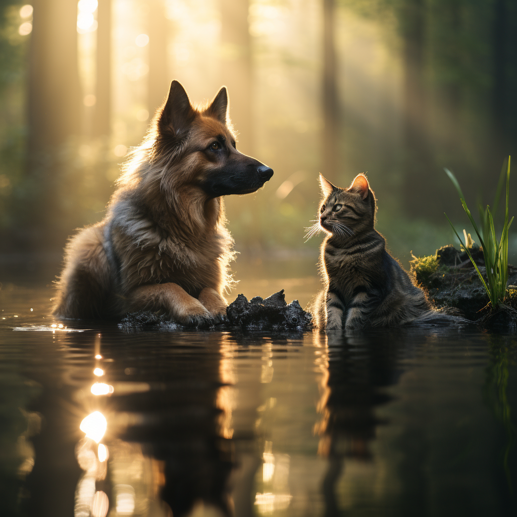 German Shepherd and Cat in Forest Fog