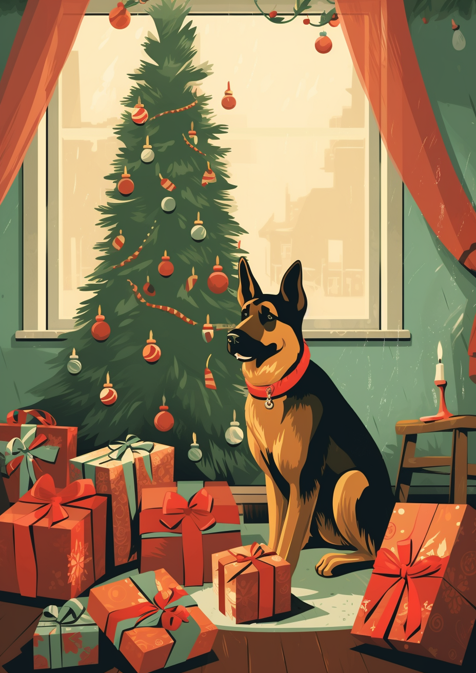 German Shepherds by the Christmas Tree