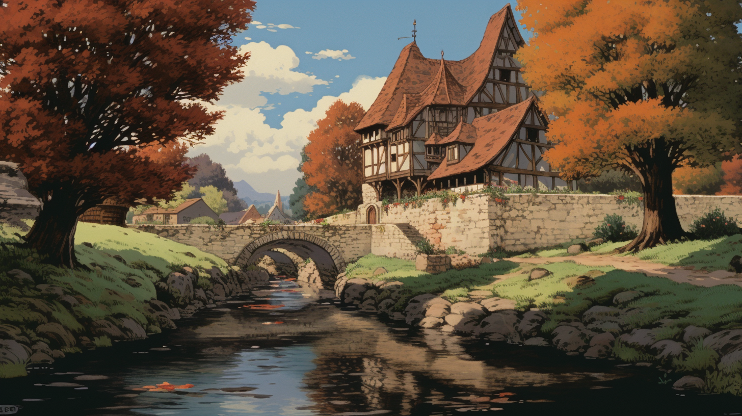 Beautiful autumn village scenery in Ghibli anime