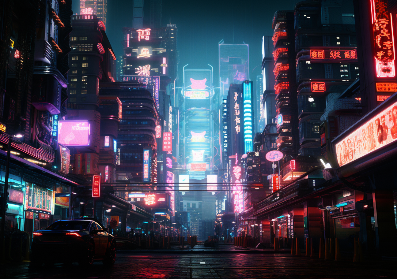 Futuristic neon cityscape with holographic commercials