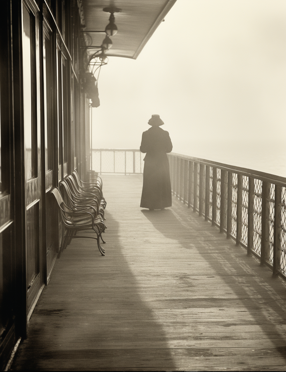 Sepia portrait of ghost passenger on 1920s promenade deck