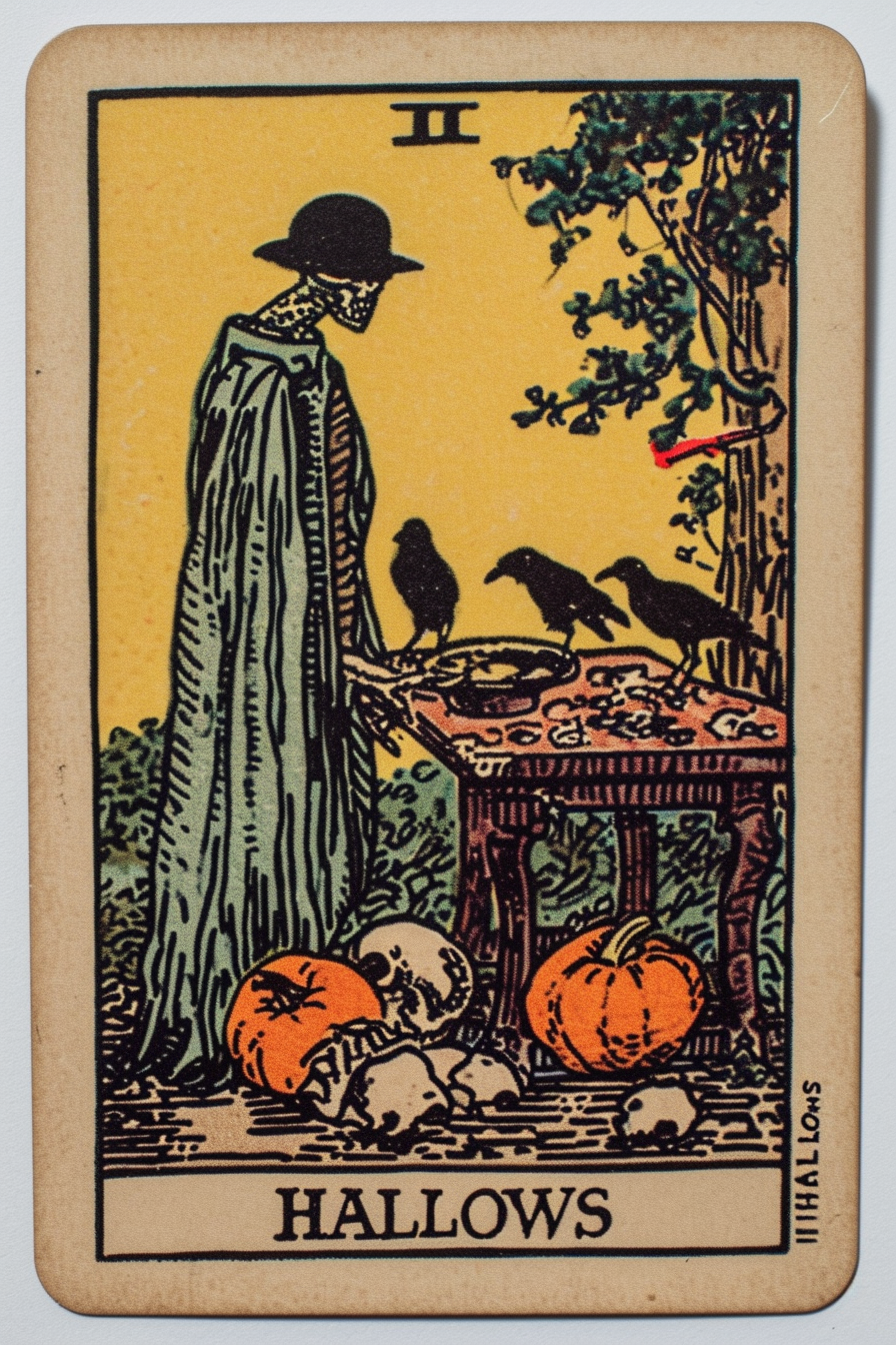 Spooky ghoul near table with rotten food and crows