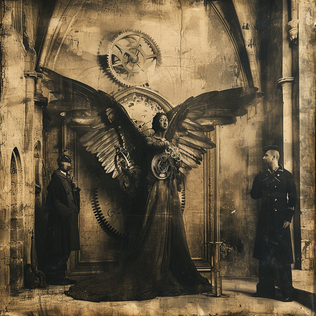 Grainy 18th Century Photography of Giant Angel with Gears