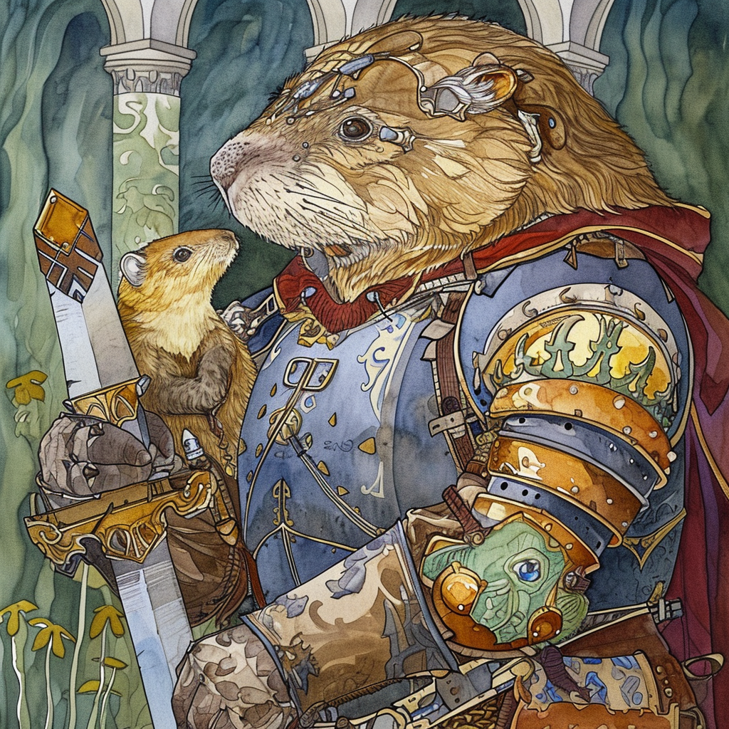 Giant Armored Beaver Holding Golden Knight Illustration