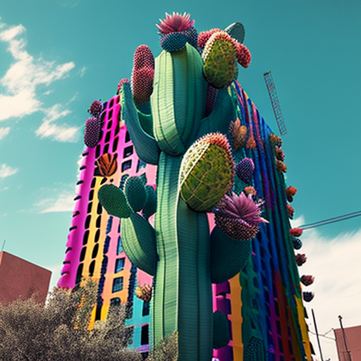 Colorful cactus surrounding a tall building