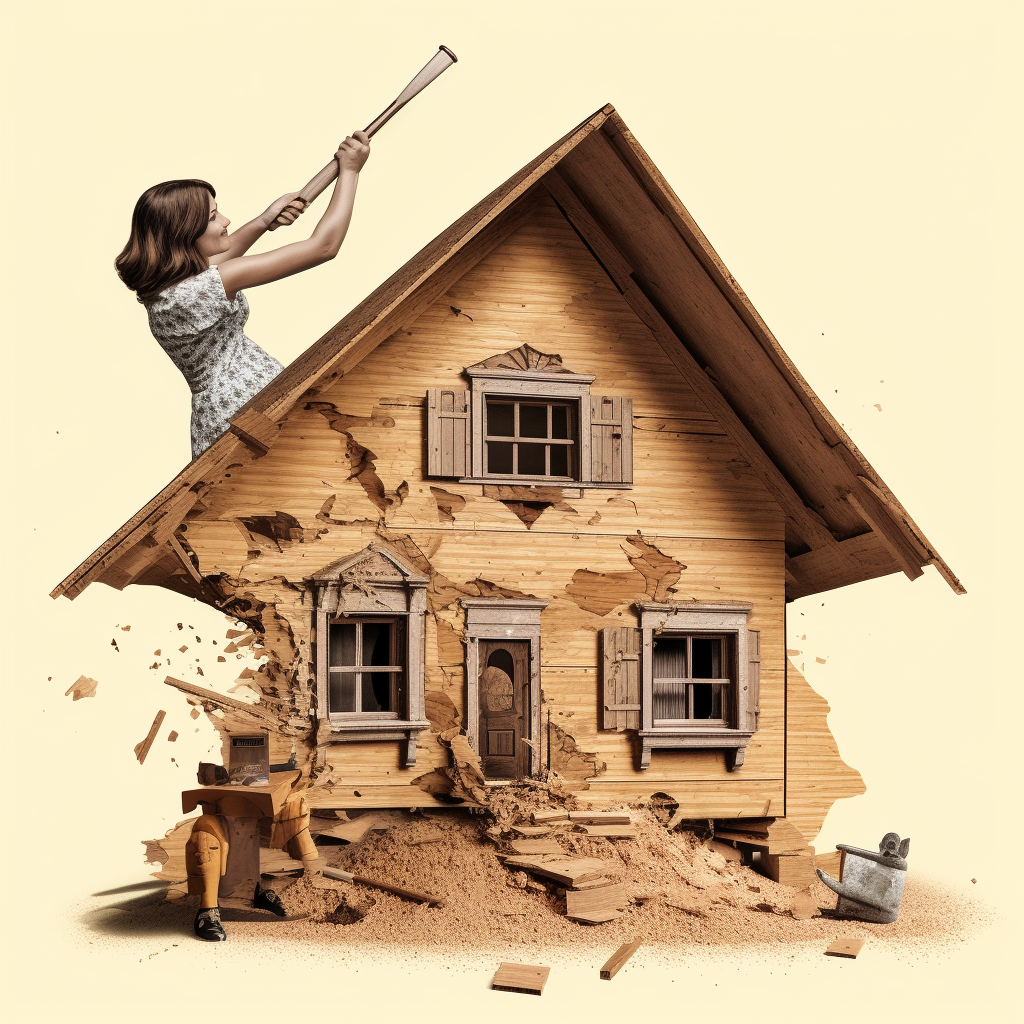 Giant girl smashing model house