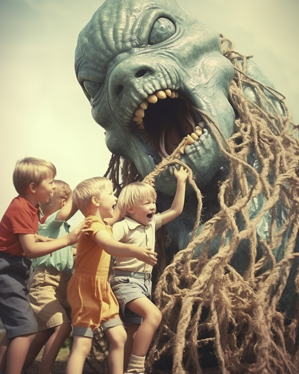 Kids playing with giant slimy monster