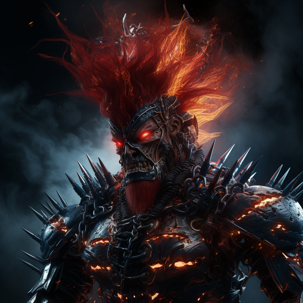 Giant spiked cyborg monster with red hair and beard