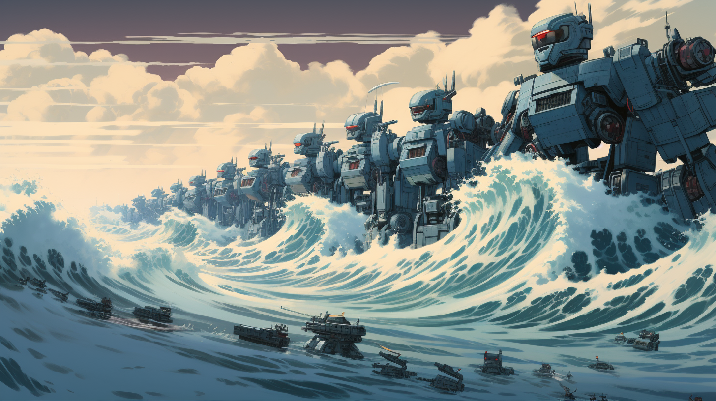 Humorous animated giant wave of robots