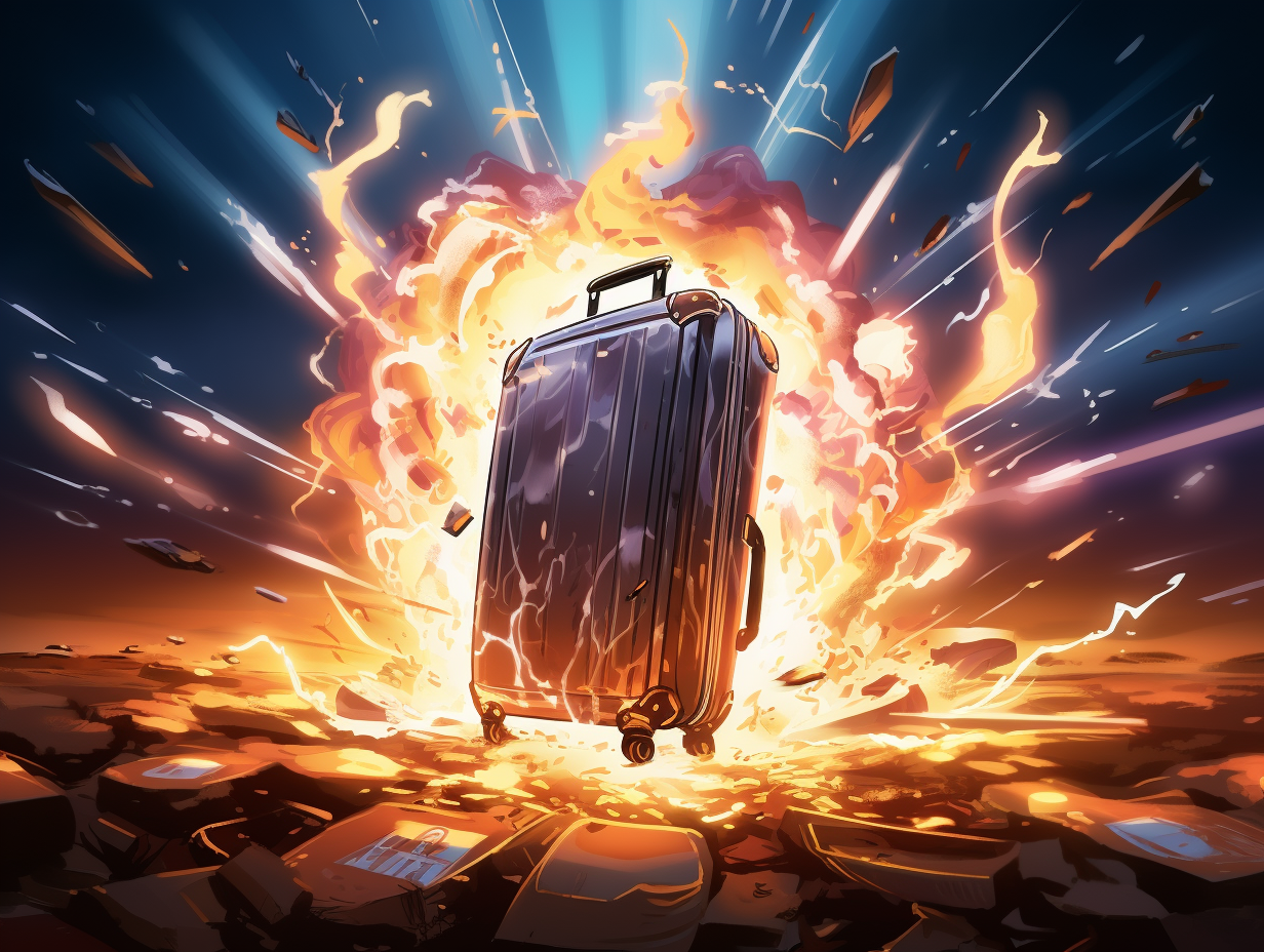 Gigantic iPhone 15 and Rimowa Suitcase in a magical explosion