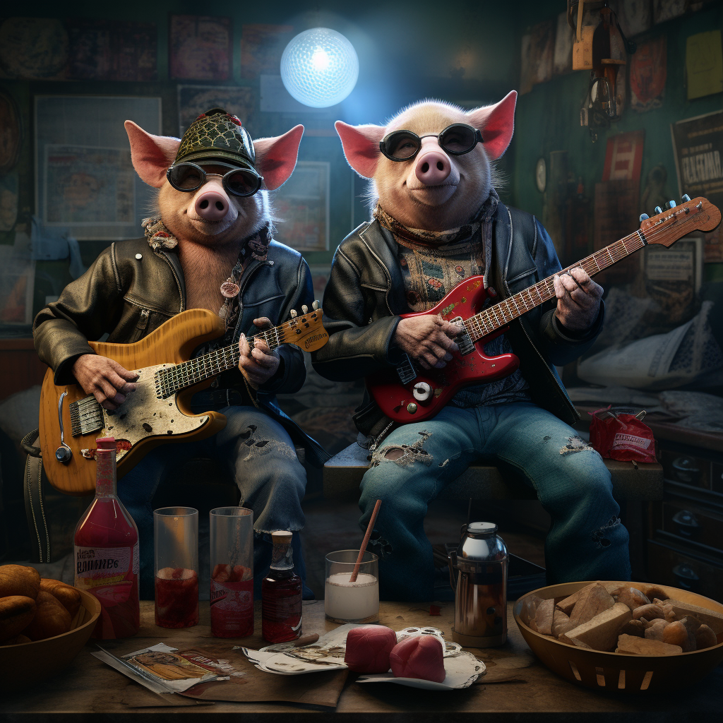 Two giggling cyberpunk pigs rocking an electric guitar