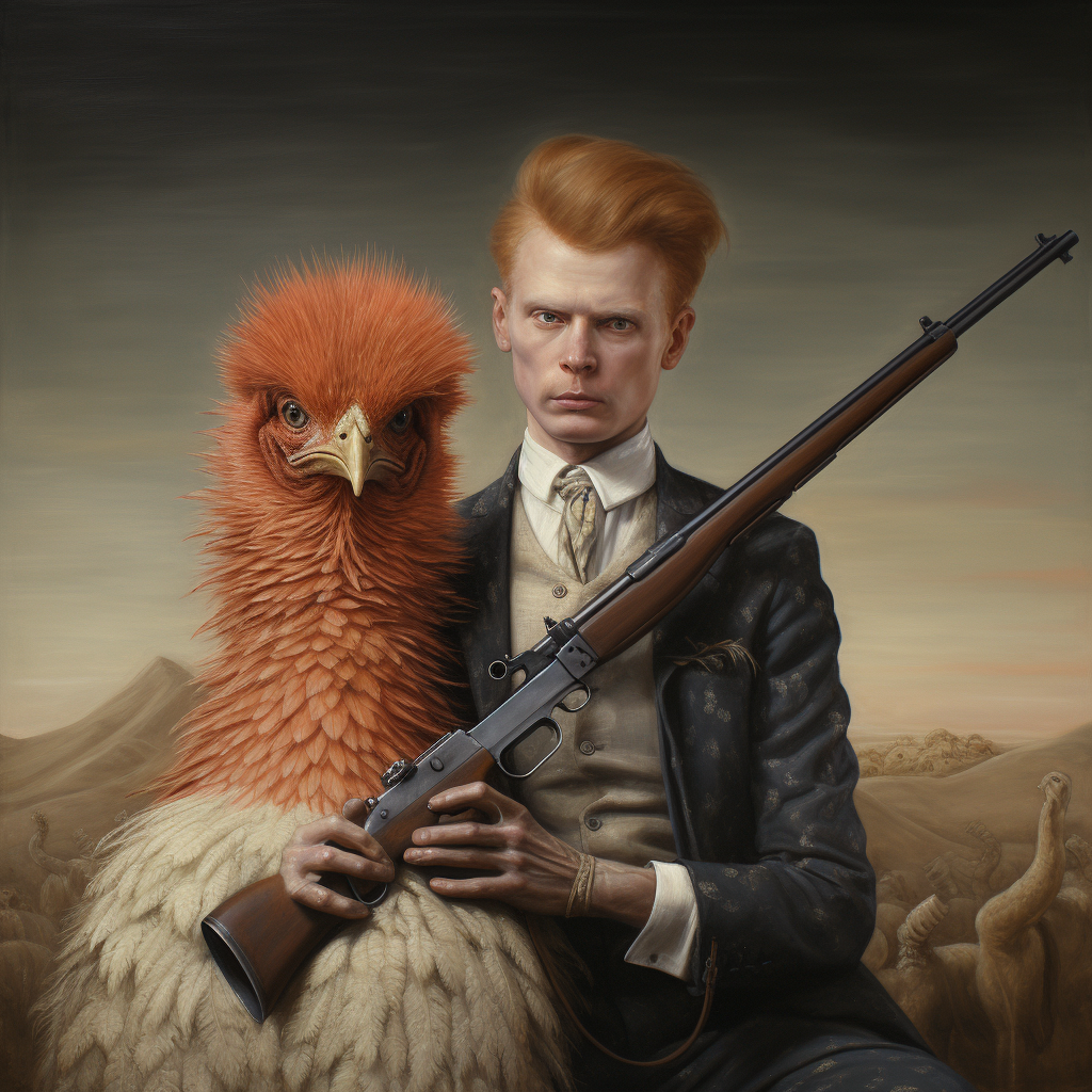 Ginger riding ostrich with gun